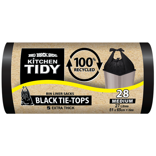 Big Black Sacks Kitchen Tidy Black Tie-Tops 100% Recycled Bin Liner Sacks Medium 51 x 65cm 28pk