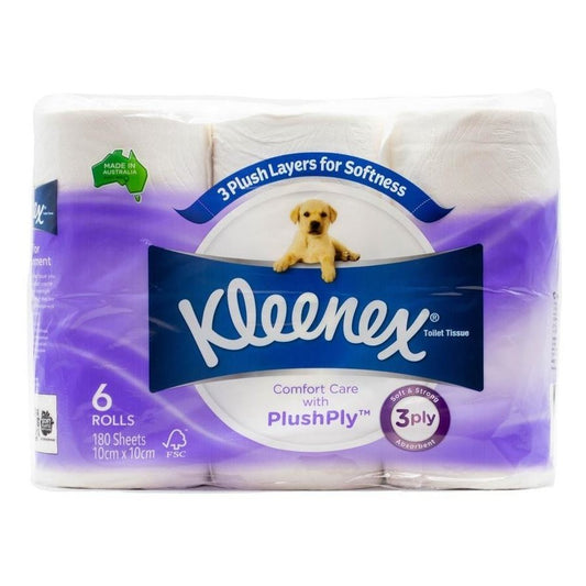 Kleenex pk6 x 180 sheets toilet paper 3 ply 10cm x 10cm comfort care with plush ply soft and strong