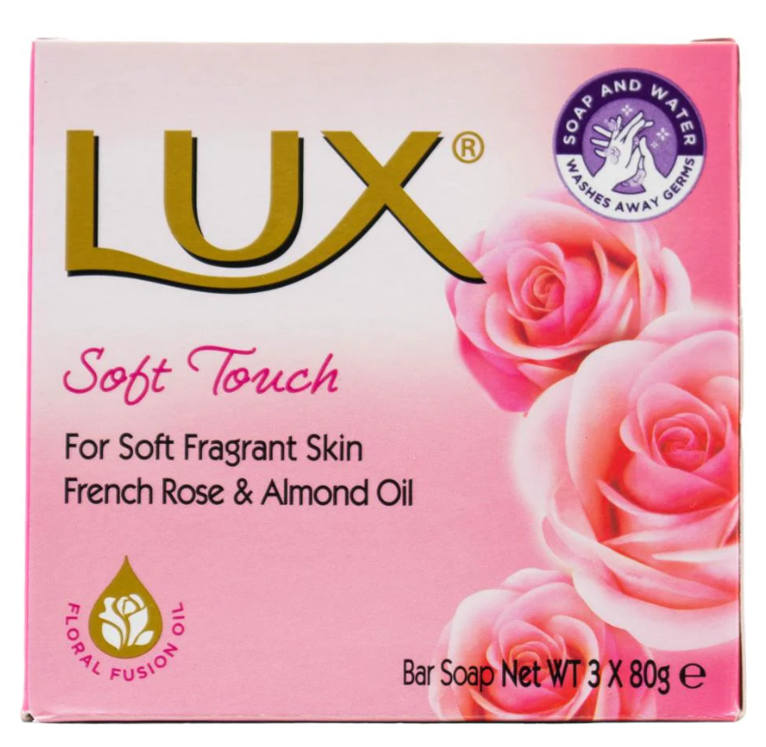 Lux pk3 x 80g bar soap soft touch french rose &amp; almond oil